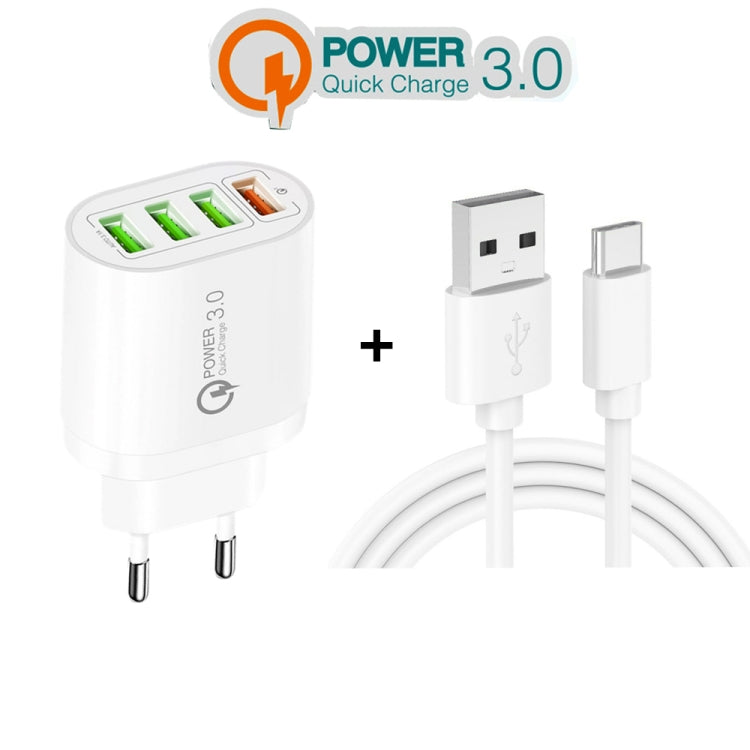 QC-04 QC3.0 + 3 x chargeur multi-ports USB2.0 avec câble de données USB 3A vers TIP-C prise UE (blanc)