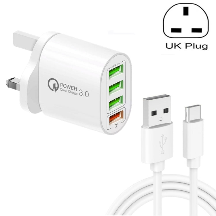 QC-04 QC3.0 + 3 x chargeur multi-ports USB2.0 avec câble de données USB 3A vers TIP-C prise britannique (blanc)
