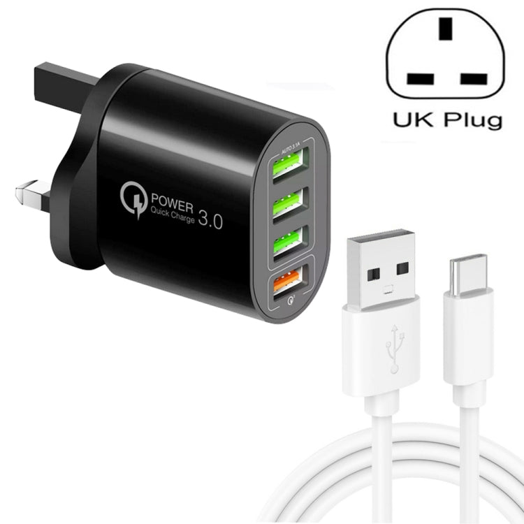 QC-04 QC3.0 + 3 x USB2.0 Multi-Port Charger with 3A USB to TIP-C Data Cable UK Plug (Black)