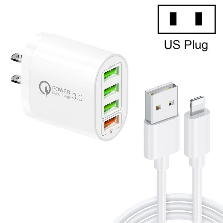 QC-04 QC3.0 + 3 chargeurs multi-ports USB2.0 avec câble de données USB 3A vers prise US 8 broches (Blanc)
