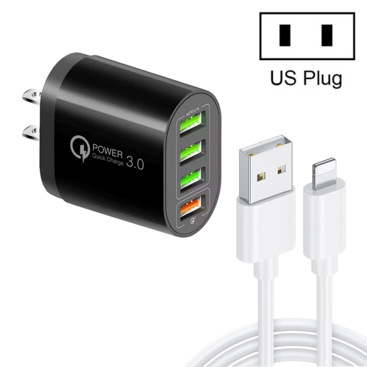 QC-04 QC3.0 + 3 x USB2.0 Cargador de Puertos múltiples con Cable de Datos 3A USB a 8 PIN Enchufe de US (Negro)