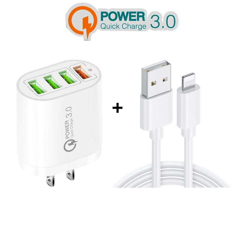 QC-04 QC3.0 + 3 x USB2.0 Multi-Port Charger with 3A USB Data Cable to 8 PIN US Plug (White)