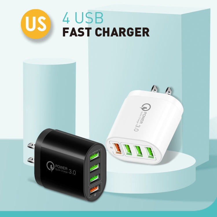 QC-04 QC3.0 + 3 x USB2.0 Multi-Port Charger with Data Cable 3A USB to 8 PIN US Plug (Black)
