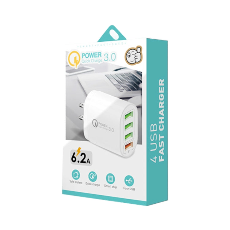 QC-04 QC3.0 + 3 x USB2.0 Multi-Port Charger with 3A USB Data Cable to 8 PIN US Plug (White)