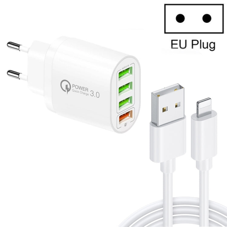 QC-04 QC3.0 + 3 x chargeur multi-ports USB2.0 avec câble de données 3A USB vers prise UE 8 broches (Blanc)