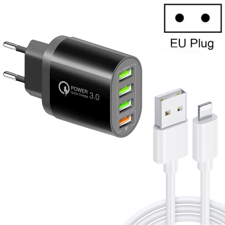 QC-04 QC3.0 + 3 x USB2.0 Cargador de Puertos múltiples con 3A Cable de Datos USB a 8 PIN Enchufe de la UE (Negro)