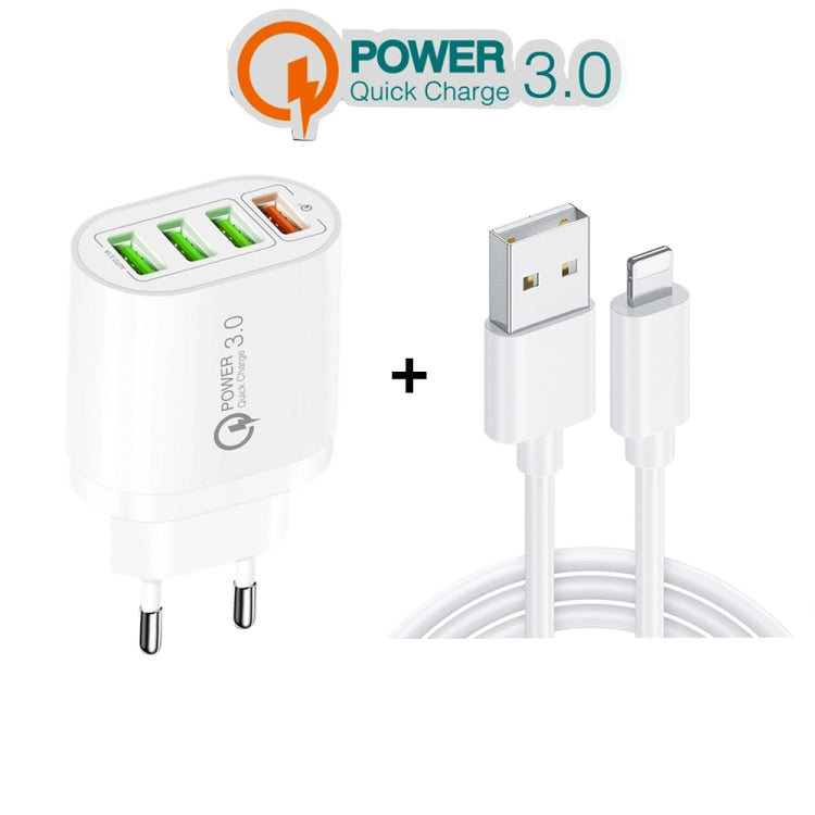 QC-04 QC3.0 + 3 x USB2.0 Multi-Port Charger with Data Cable 3A USB to 8 PIN EU Plug (White)