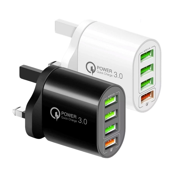 QC-04 QC3.0 + 3 x USB2.0 Cargador de Puertos múltiples con Cable de Datos 3A USB a 8 PIN Enchufe del Reino Unido (Blanco)