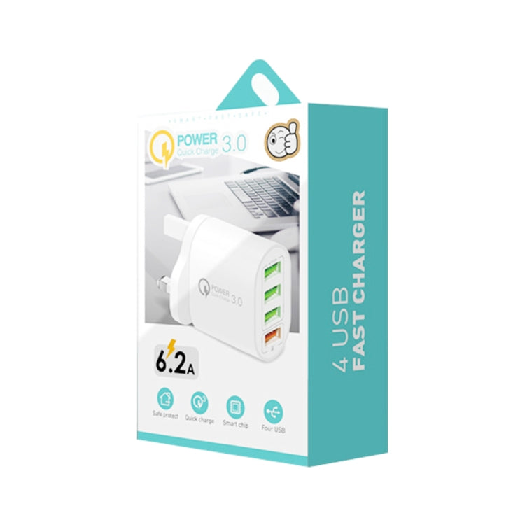 QC-04 QC3.0 + 3 x USB2.0 Multi-Port Charger with Data Cable 3A USB to 8 PIN UK Plug (White)