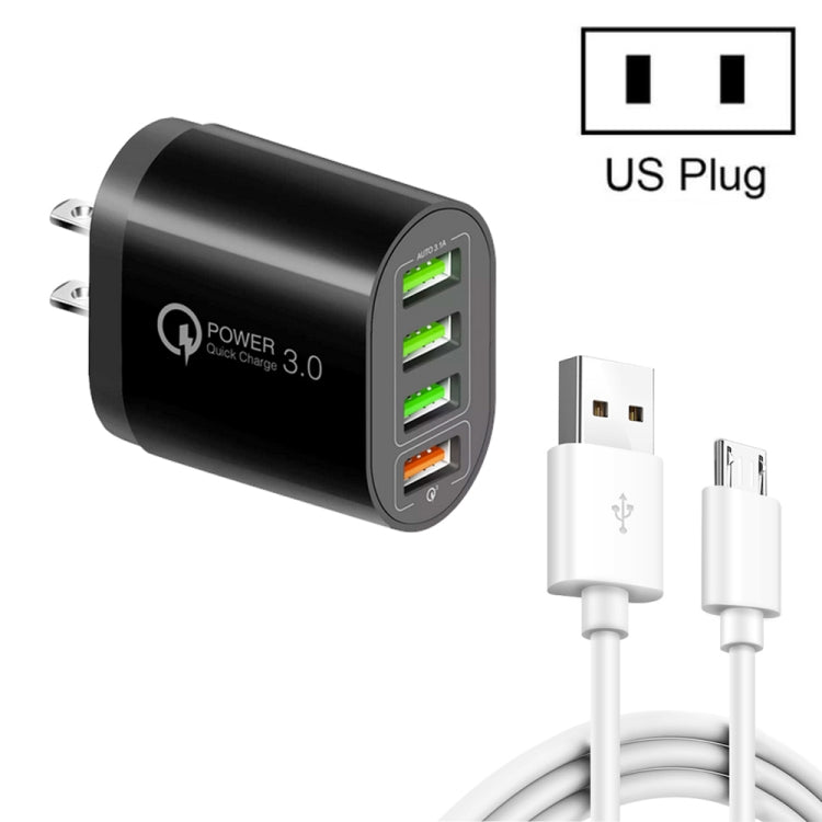 QC-04 QC3.0 + 3 x USB2.0 Cargador de Puertos múltiples con 3A USB a Micro USB Cable de Datos Tapones de US (Negro)
