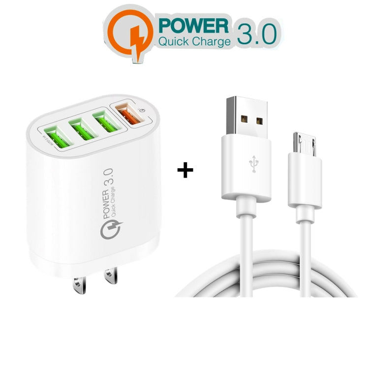 QC-04 QC3.0 + 3 x USB2.0 Multi-Port Charger with 3A USB to Micro USB Data Cable US Plug (White)