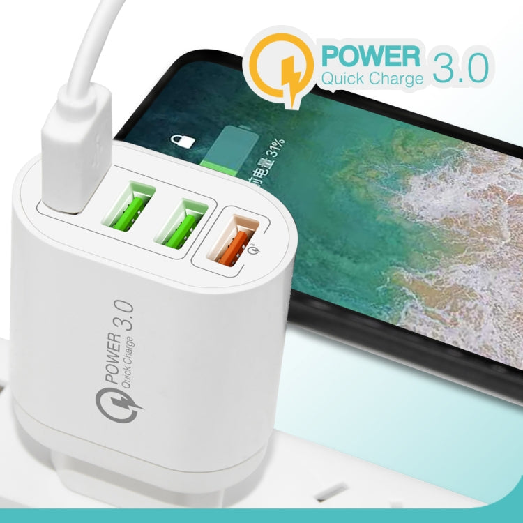 QC-04 QC3.0 + 3 x USB2.0 Multi-Port Charger with 3A USB to Micro USB Data Cable US Plug (White)