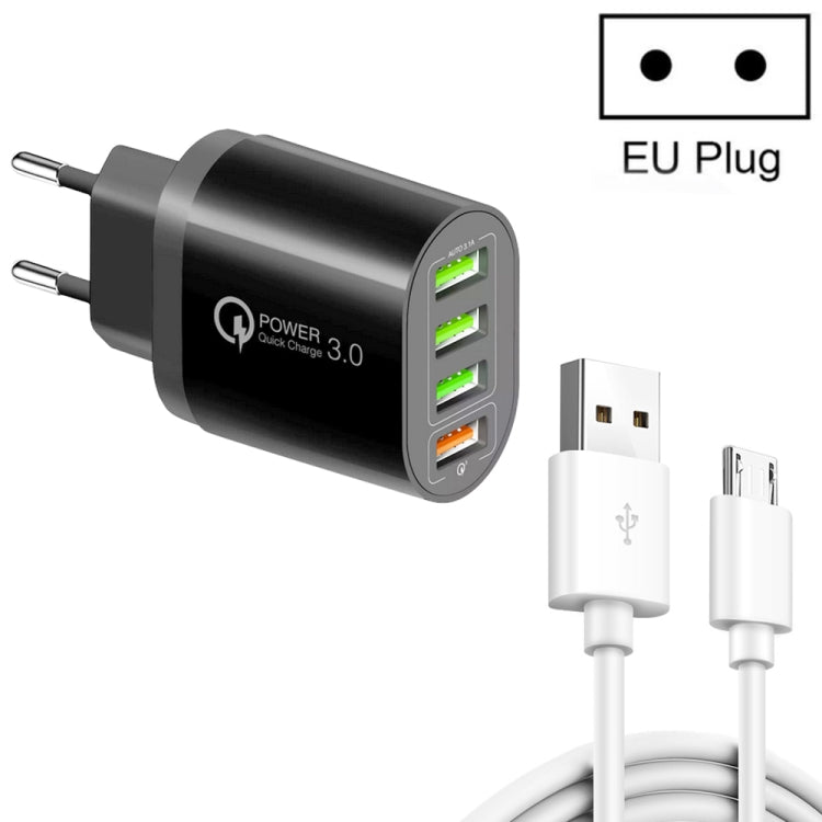 QC-04 QC3.0 + 3 x USB2.0 Cargador de Puertos múltiples con 3A USB a Micro USB Data Cable Tapón de la UE (Negro)