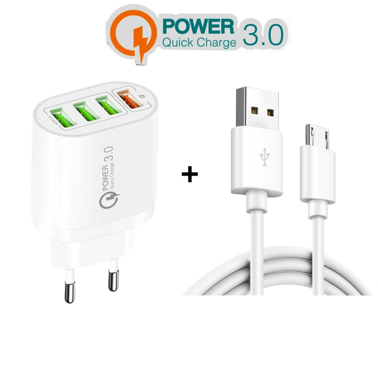 QC-04 QC3.0 + 3 x chargeur multi-ports USB2.0 avec câble de données USB vers micro USB 3A prise UE (blanc)
