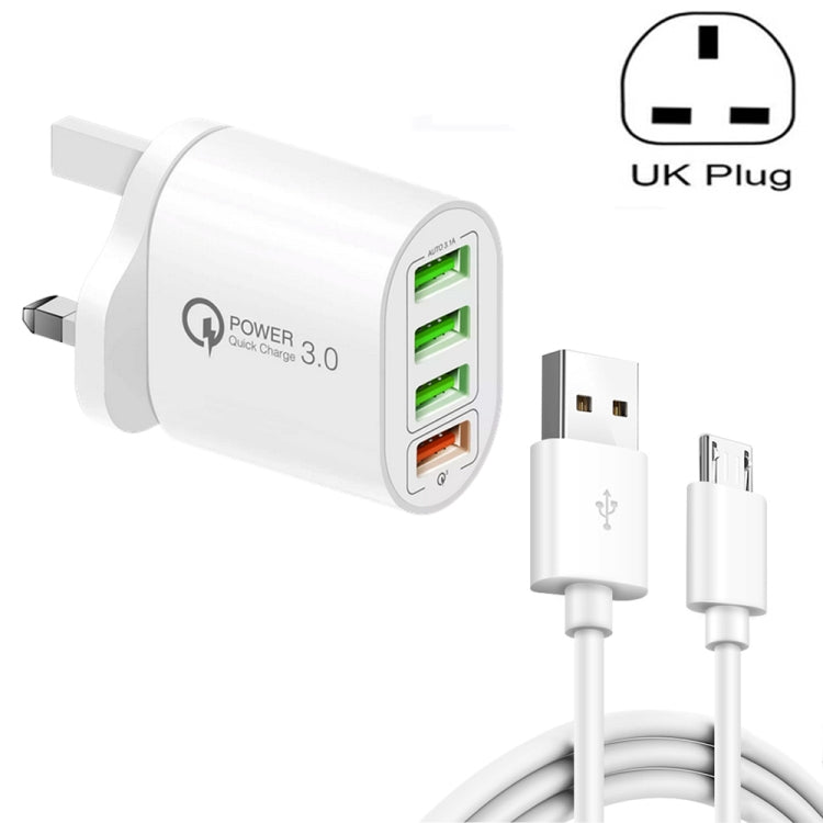 QC-04 QC3.0 + 3 x USB2.0 Cargador de Puertos múltiples con 3A USB a Micro USB Data Cable Enchufe del Reino Unido (Blanco)