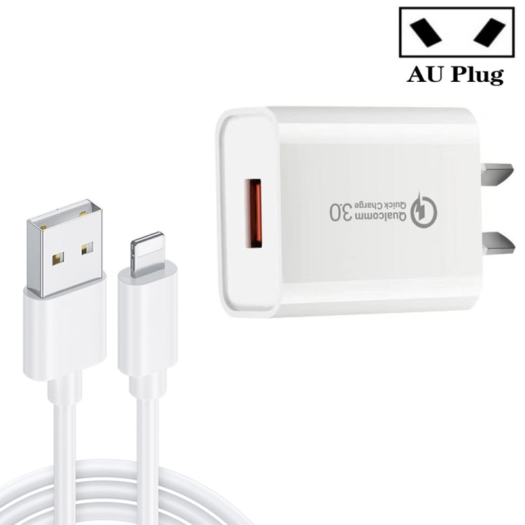 CA-25 QC3.0 Chargeur rapide USB 3A avec câble de données USB vers prise AU 8 broches (Blanc)