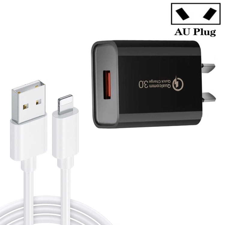 CA-25 QC3.0 USB 3A Quick Charger with USB Data Cable to 8 PIN AU PLUG (Black)