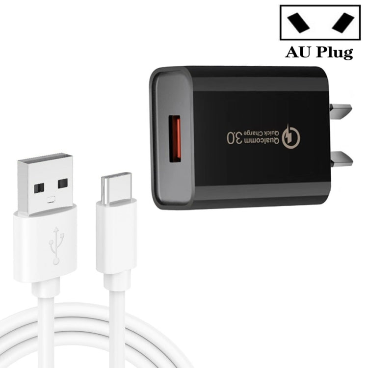 CA-25 QC3.0 USB 3A Quick Charger with 1M USB to Type-C AU Plug Data Cable (Black)