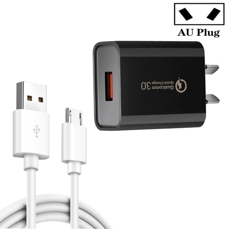 CA-25 QC3.0 USB 3A Quick Charger with USB to Micro USB Data Cable AU Plug (Black)