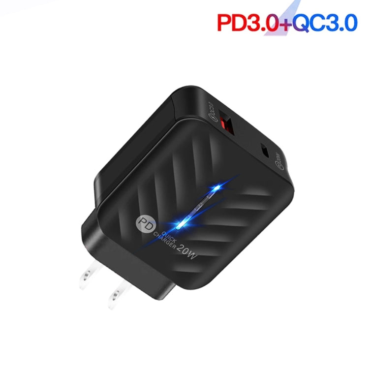 PD03 20W Type-C + QC3.0 USB Charger with Indicator Light US Plug (Black)