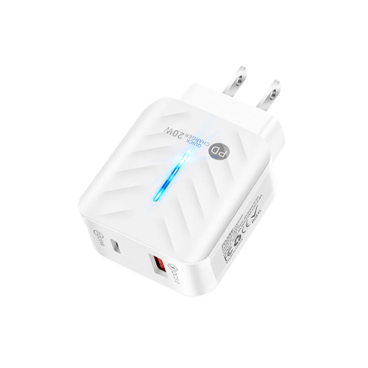 PD03 20W Type-C + QC3.0 USB Charger with Indicator Light US Plug (White)