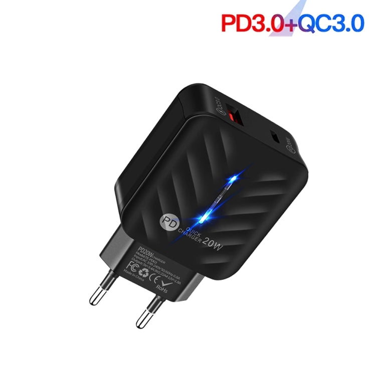 PD03 20W Tipo-C + QC3.0 Cargador USB con luz indicadora Enchufe de la UE (Negro)