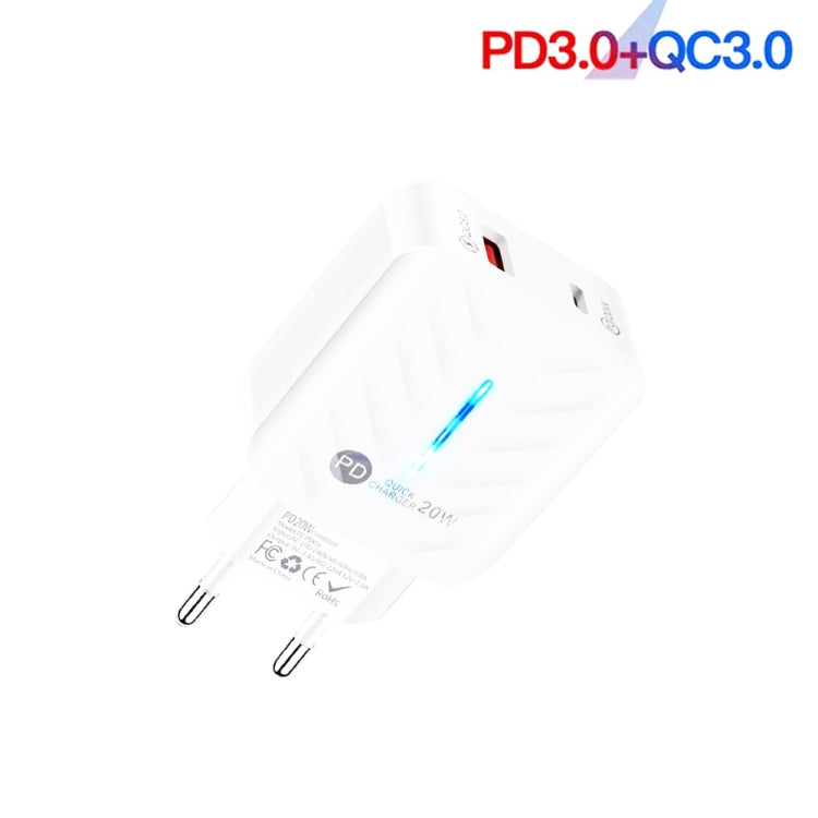 PD03 20W Tipo-C + QC3.0 Cargador USB con luz indicadora Enchufe de la UE (Blanco)