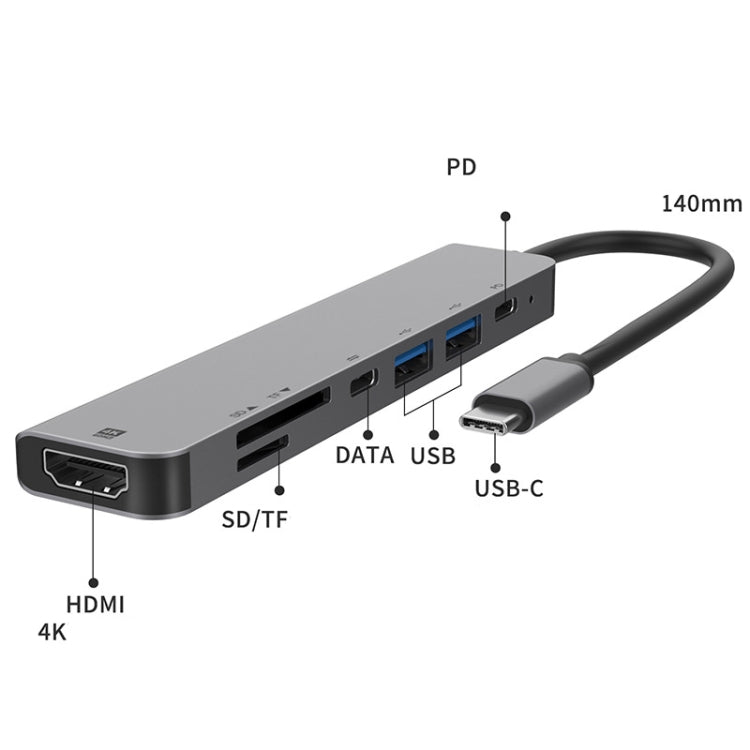 UC902 7-IN-1 Multifunction HDMI + SD / TF + USB X 2 + Type-C + PD to USB-C / TYPE-C Aluminum Alloy Hub