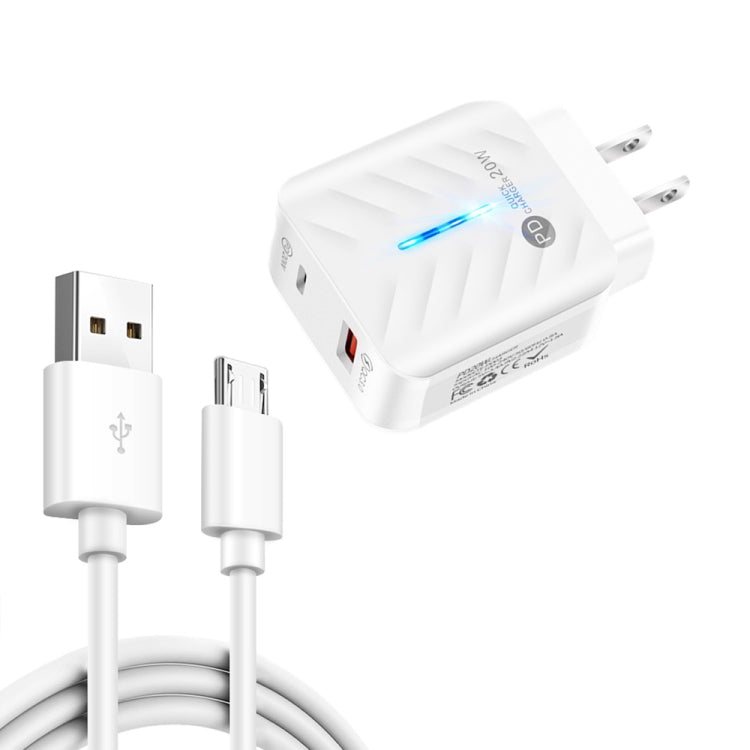 PD03 20W PD3.0 + QC3.0 USB Charger with USB to Micro USB Data Cable US Plug (White)