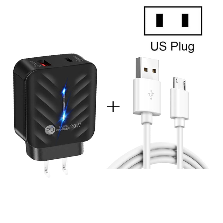 PD03 20W PD3.0 + QC3.0 USB Charger with USB to Micro USB Data Cable US Plug (Black)