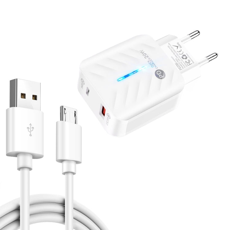 PD03 20W PD3.0 + QC3.0 USB Charger with USB to Micro USB Data Cable EU Plug (White)