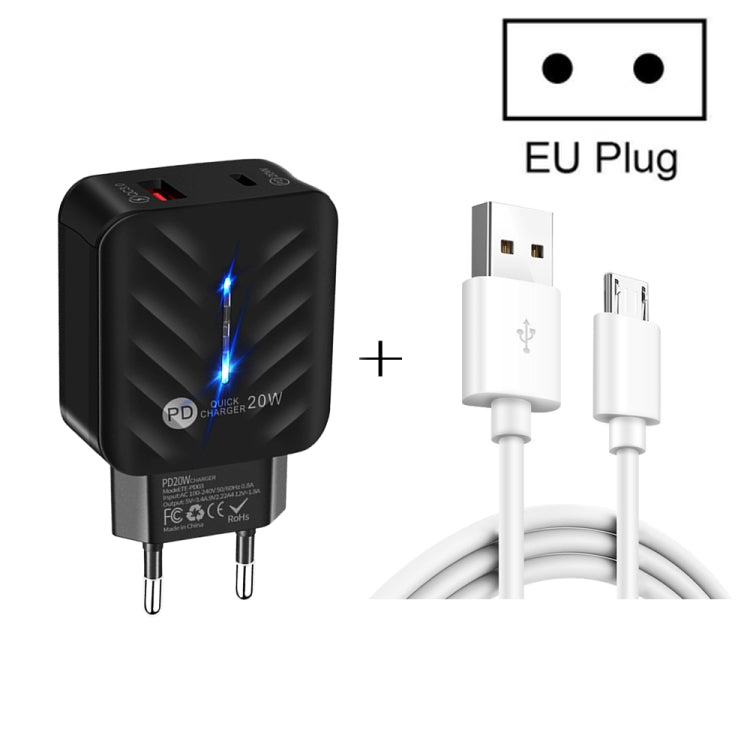 PD03 20W PD3.0 + QC3.0 USB Charger with USB to Micro USB Data Cable EU Plug (Black)
