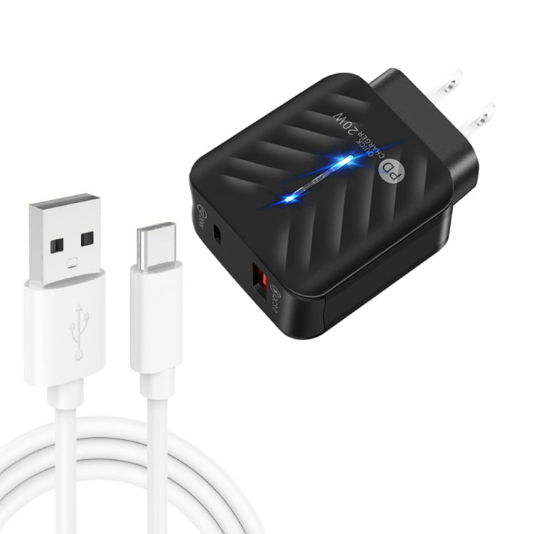 PD03 20W PD3.0 + QC3.0 USB Charger with USB to Type-C Data Cable US Plug (Black)