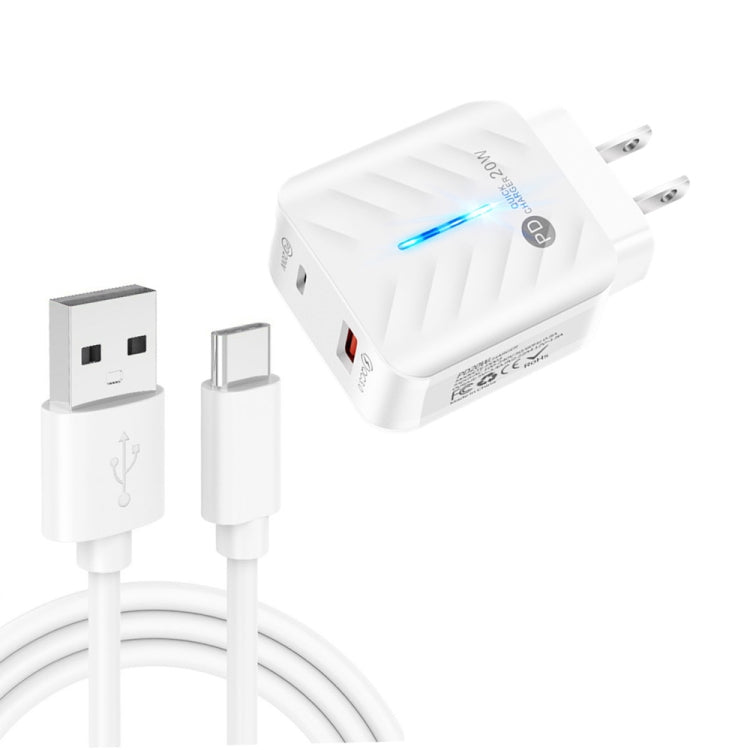 PD03 20W PD3.0 + QC3.0 USB Charger with USB to Type-C Data Cable US Plug (White)