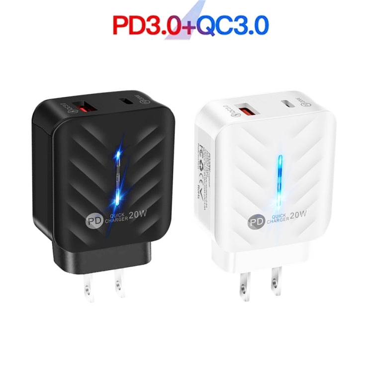 PD03 20W PD3.0 + QC3.0 USB Charger with USB to Type-C Data Cable US Plug (White)