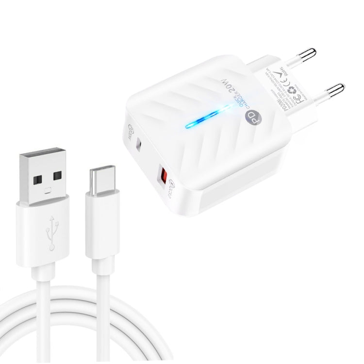 PD03 20W PD3.0 + QC3.0 USB Charger with USB to Type-C Data Cable EU Plug (White)