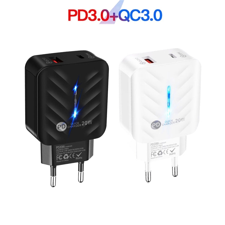 PD03 20W PD3.0 + QC3.0 Cargador USB con USB a Tipo-C Cable de Datos Enchufe de la UE (Blanco)