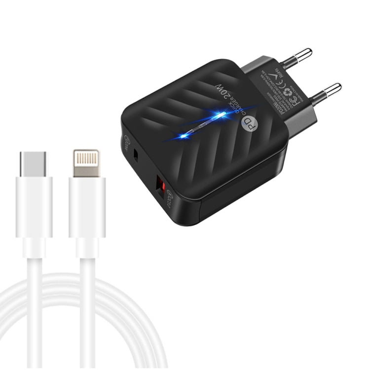 PD03 20W PD3.0 + QC3.0 USB Charger with Type C to 8 PIN Data Cable EU Plug (Black)