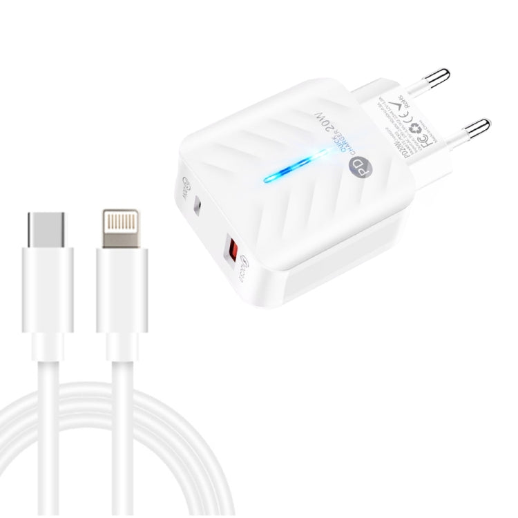PD03 20W PD3.0 + QC3.0 USB Charger with Type C to 8 PIN Data Cable EU Plug (White)