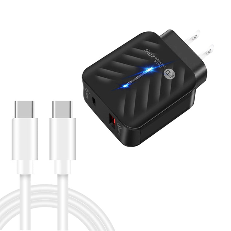 PD03 20W PD3.0 + QC3.0 USB Charger with TYP-C to Type-C Data Cable US Plug (Black)