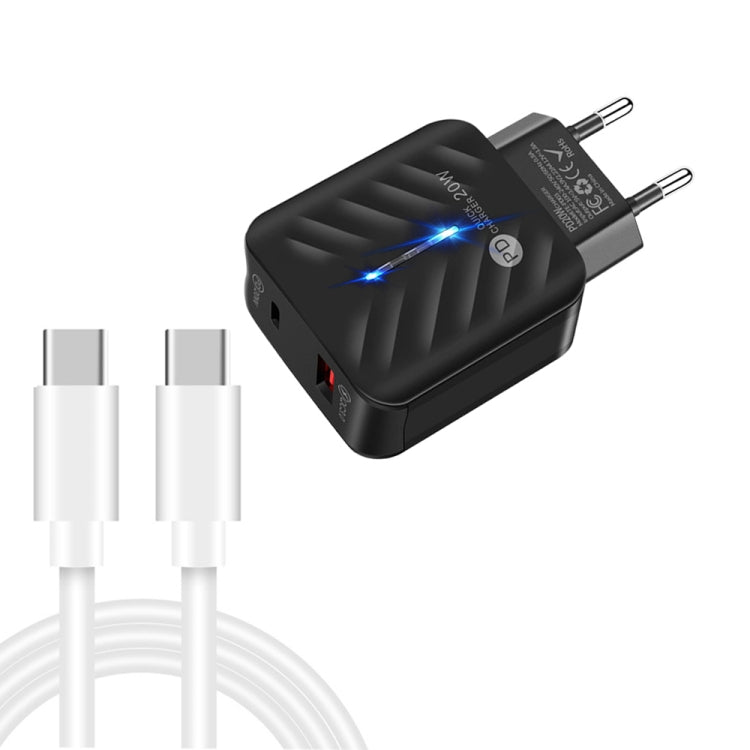 PD03 20W PD3.0 + QC3.0 USB Charger with Type C to Type-C Data Cable EU Plug (Black)