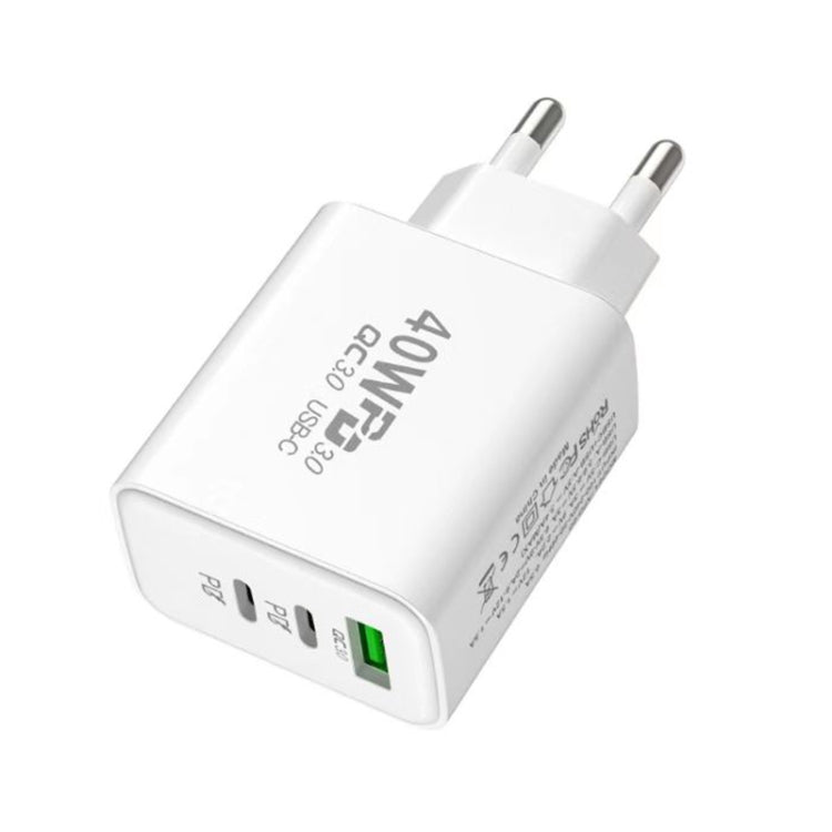 40W Dual PD + QC3.0 Ports Travel Charger for Mobile Phone Tablet (White EU Plug)