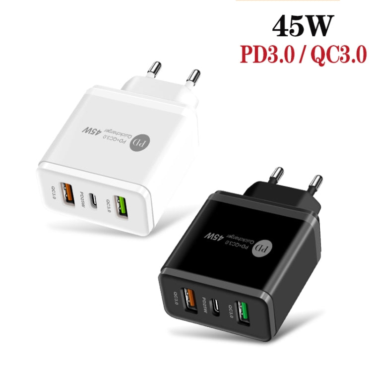 45W PD3.0 + 2 x QC3.0 Multi-Port USB Fast Charger EU Plug (White)