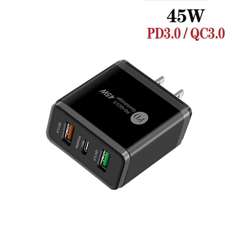 45W PD3.0 + 2 x QC3.0 Cargador USB multiPuerto con Cable Tipo C a Tipo C Enchufe de US (Negro)