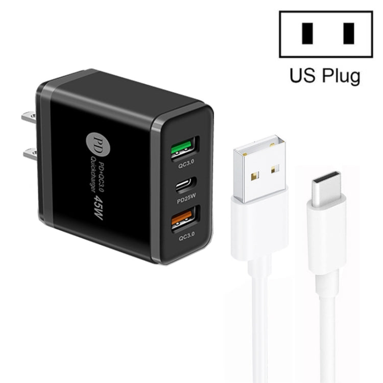45W PD25W + 2 x QC3.0 Multi-Port USB Charger with USB to Type C Cable US Plug (Black)