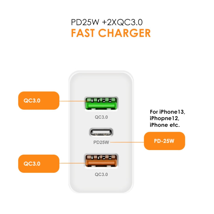 45W PD25W + 2 x chargeur USB multi-ports QC3.0 avec câble USB vers type C prise US (blanc)
