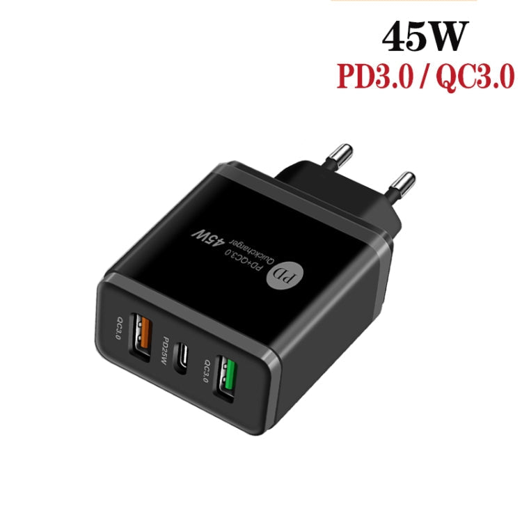 45W PD25W + 2 x chargeur USB multi-ports QC3.0 avec câble USB vers type C prise UE (noir)