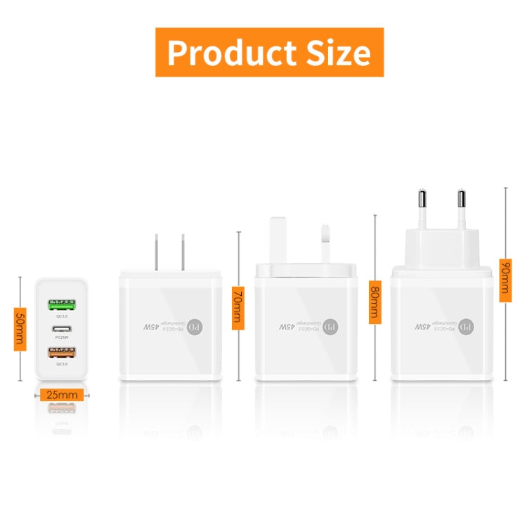 45W PD25W + 2 x QC3.0 Multi-Port USB Charger with USB to Type C Cable EU Plug (White)