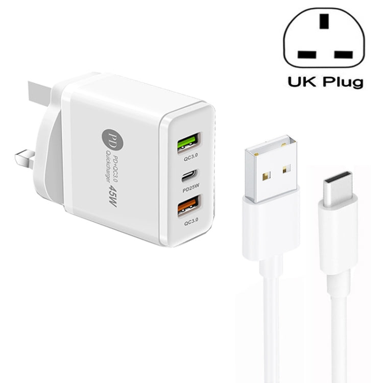 45W PD25W + 2 x chargeur USB multi-ports QC3.0 avec câble USB vers type C prise britannique (blanc)