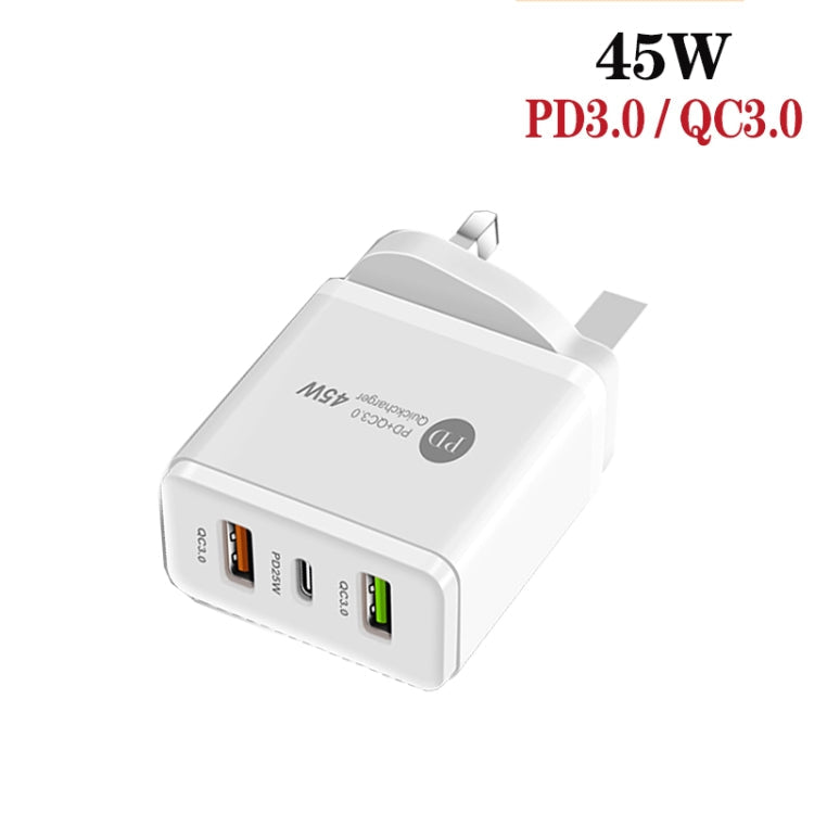 45W PD25W + 2 x chargeur USB multi-ports QC3.0 avec câble USB vers type C prise britannique (blanc)